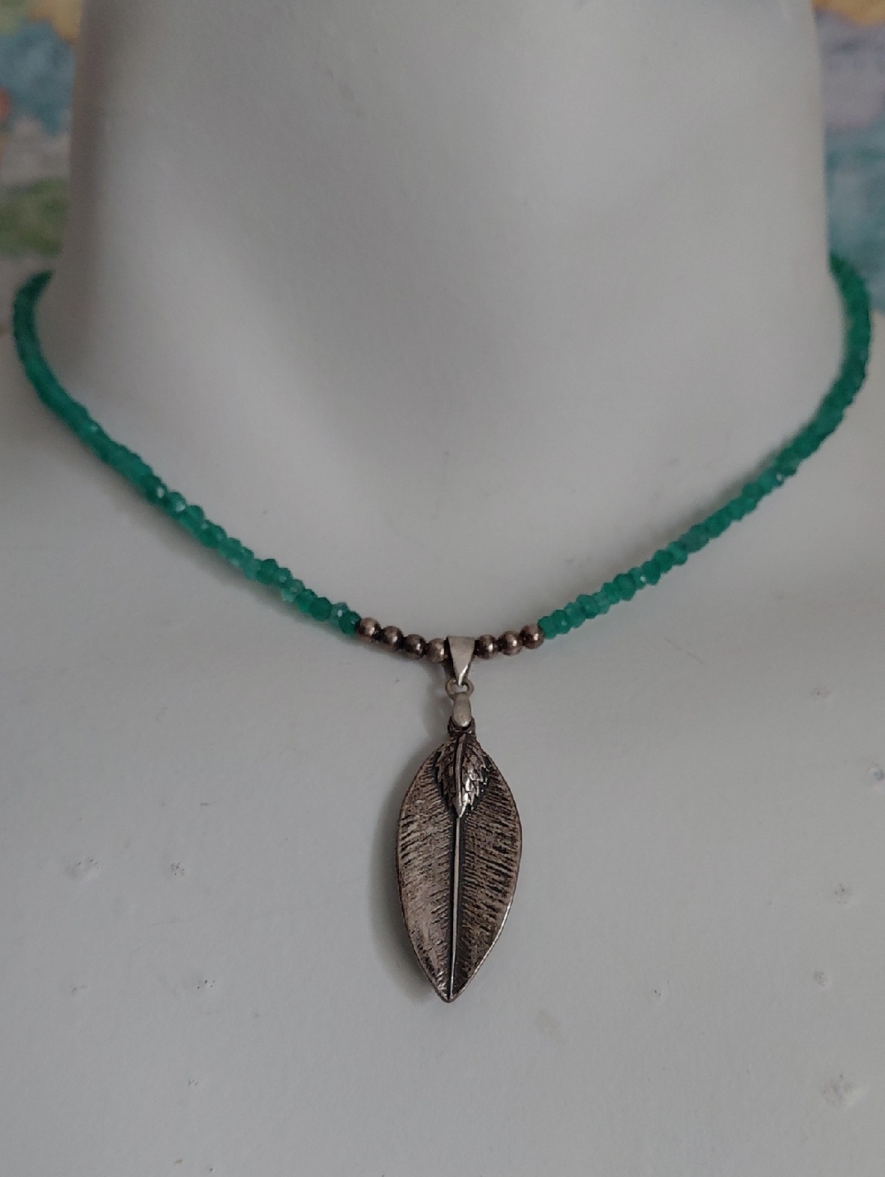 Silver Leaf Pendant Choker Necklace with Teal Beads